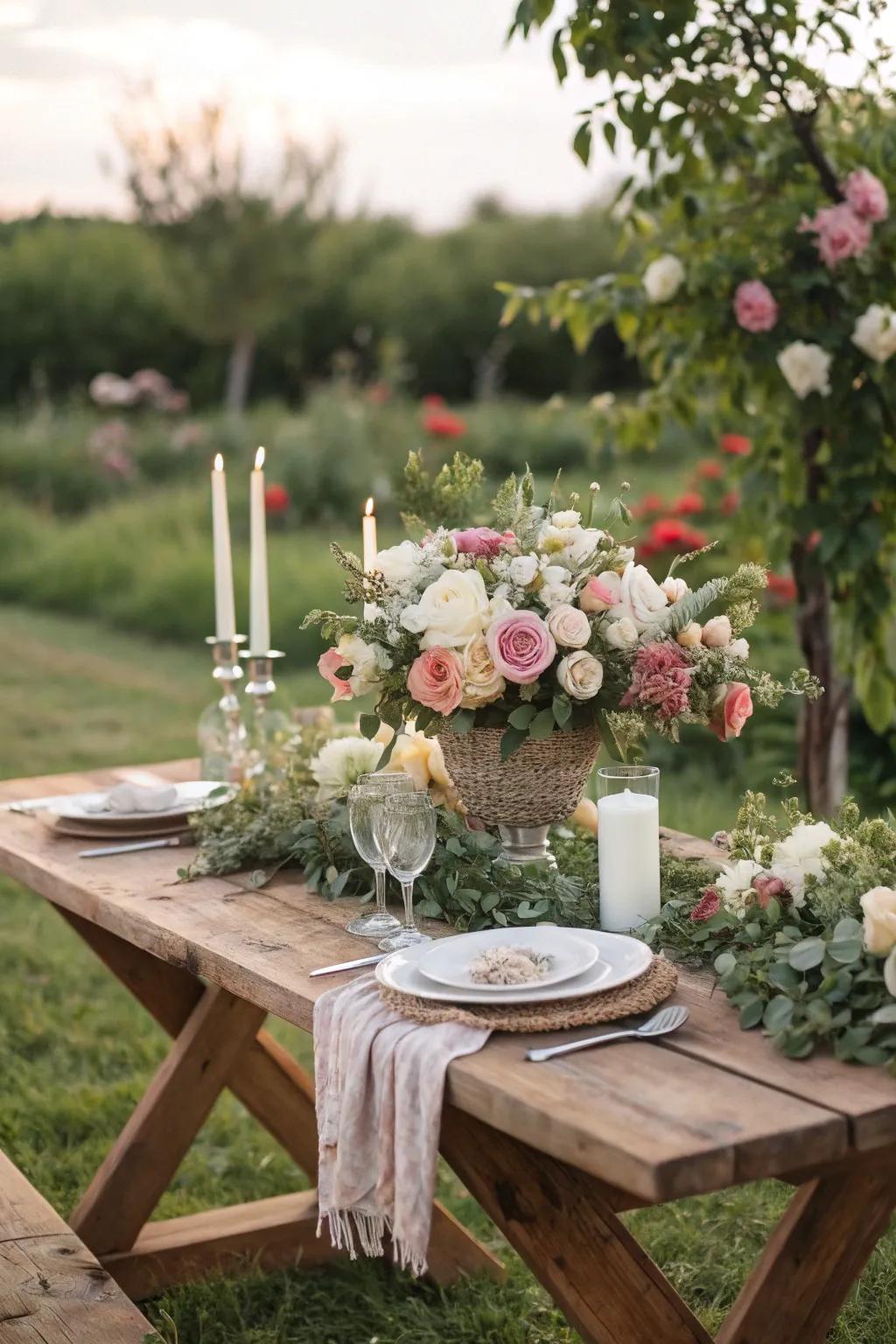 Natural wooden tables introduce organic charm to the celebration.