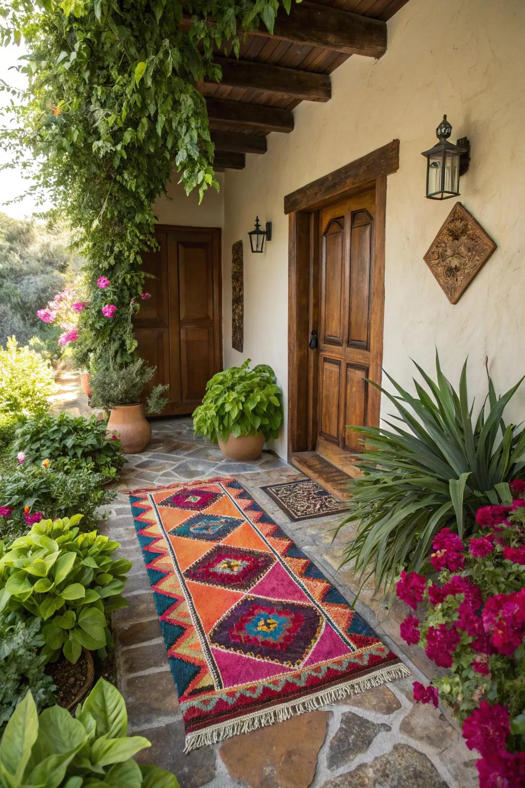 An outdoor carpet contributes comfort and flair, rendering your entryway more inviting.