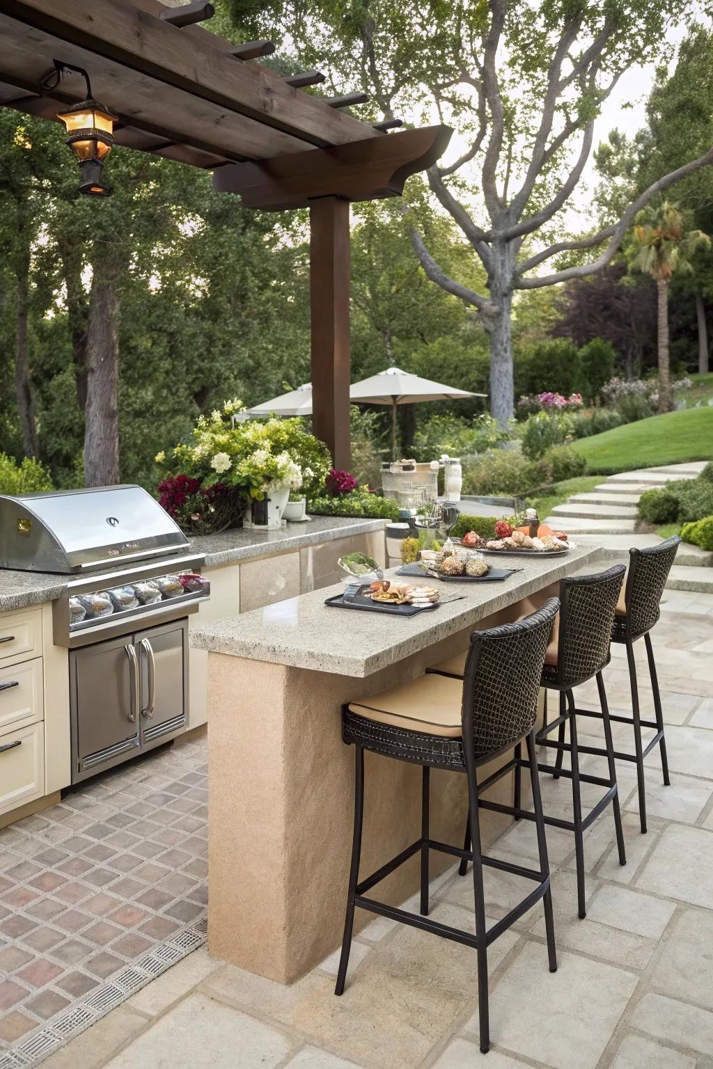 A grill station featuring bar seating for an animated social environment.