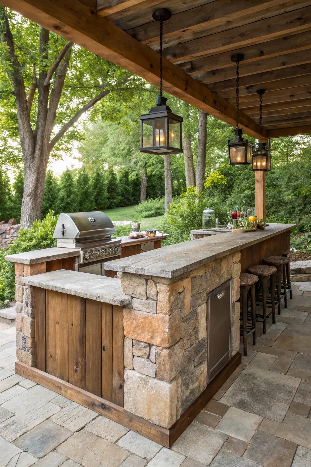 Rustic elements establish a warm and inviting outdoor haven.