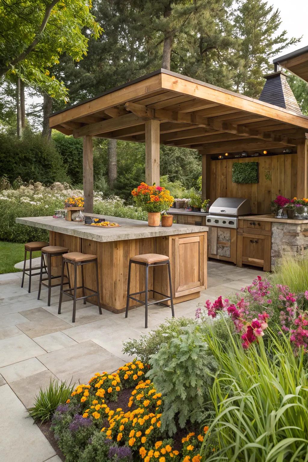 A flexible outdoor kitchen with adaptable bar seating.