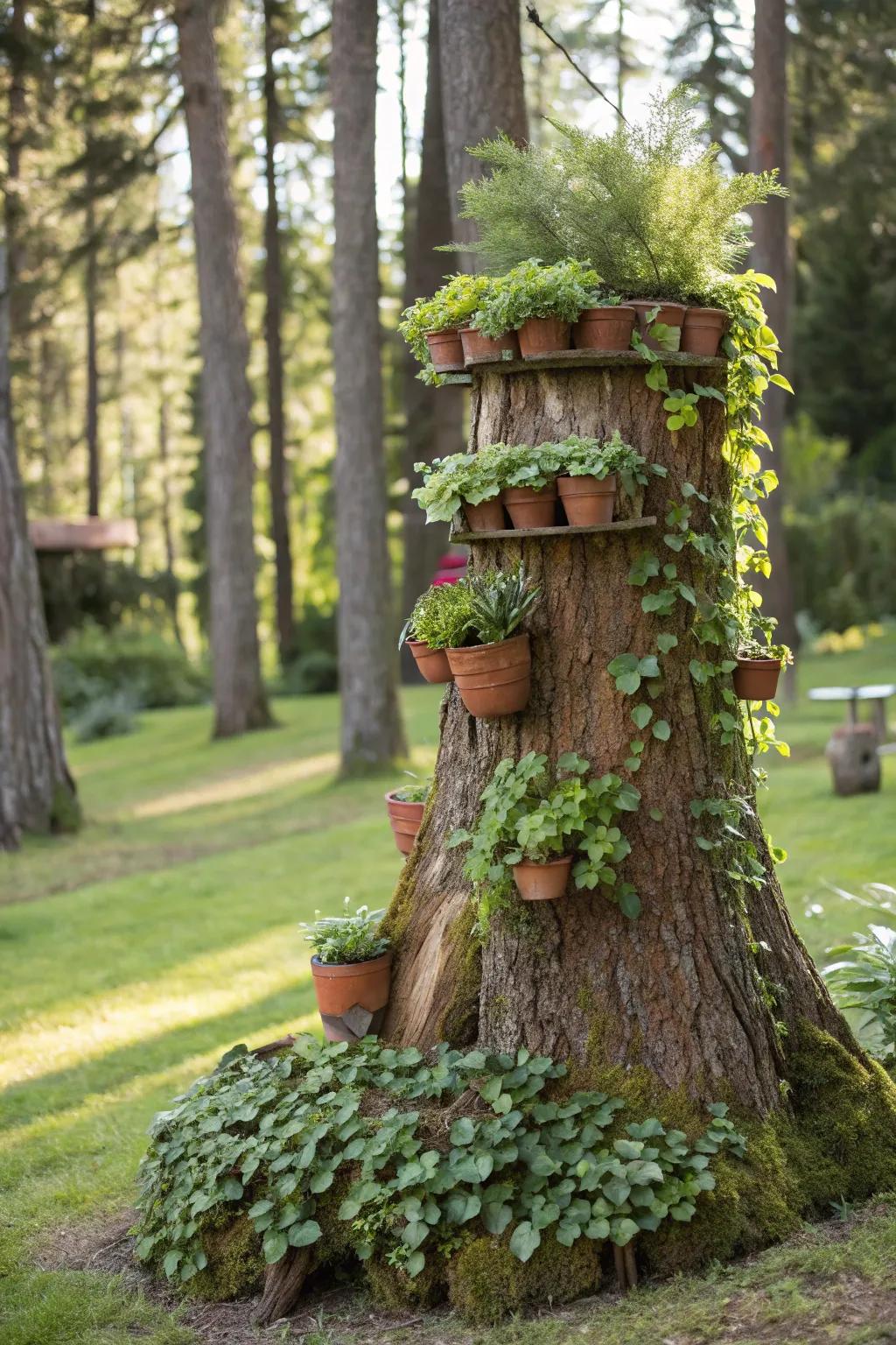 A vertical garden cascading from a stump generates a verdant spectacle.