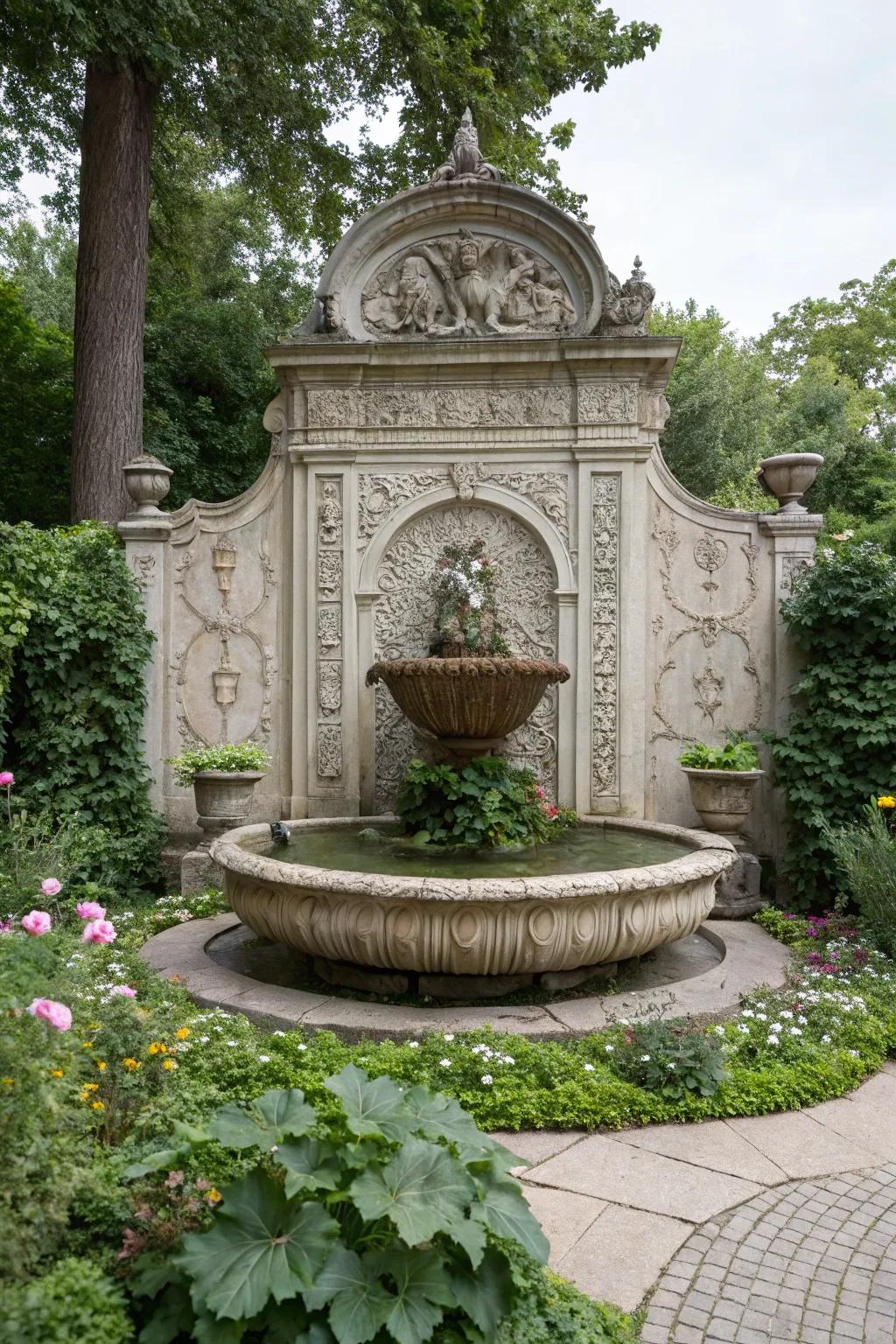 Decorative embellishments introduce drama and artistic appeal to wall fountains.