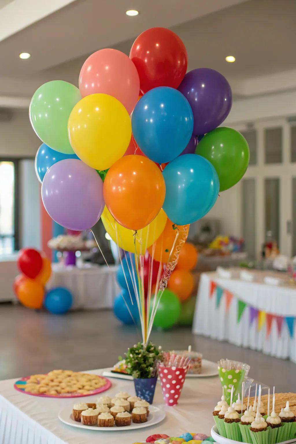 A playful, colorful balloon centerpiece tailored to the party’s theme.
