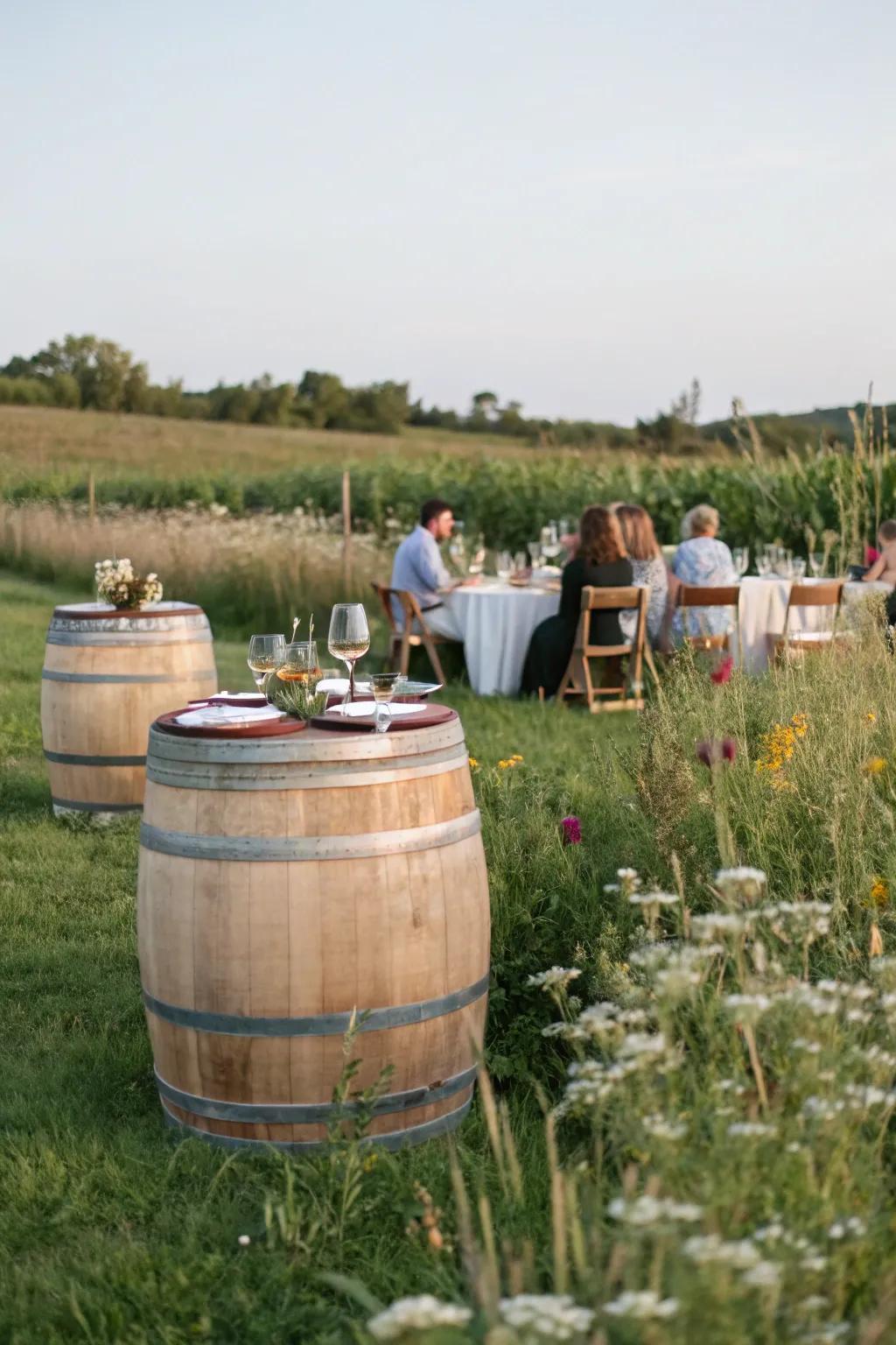 Oak casks serving as tables in the pasture.