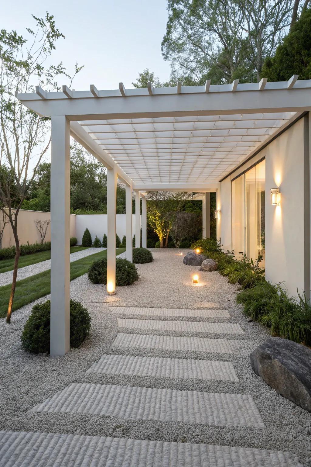 A pergola of a Zen garden crafts a soothing atmosphere on your patio.