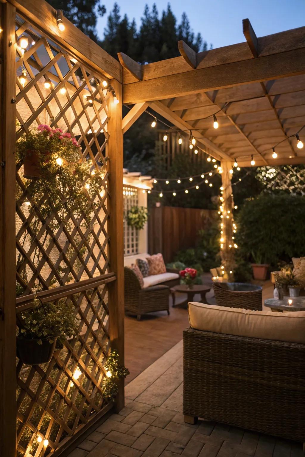 String lights woven through lattice panels create a magical evening ambiance.