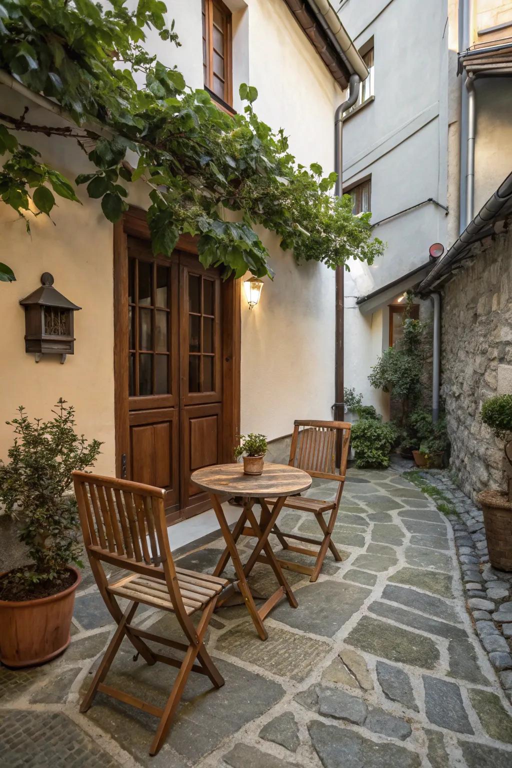 Organic materials such as wood and stone fashion a fluid outdoor atmosphere.