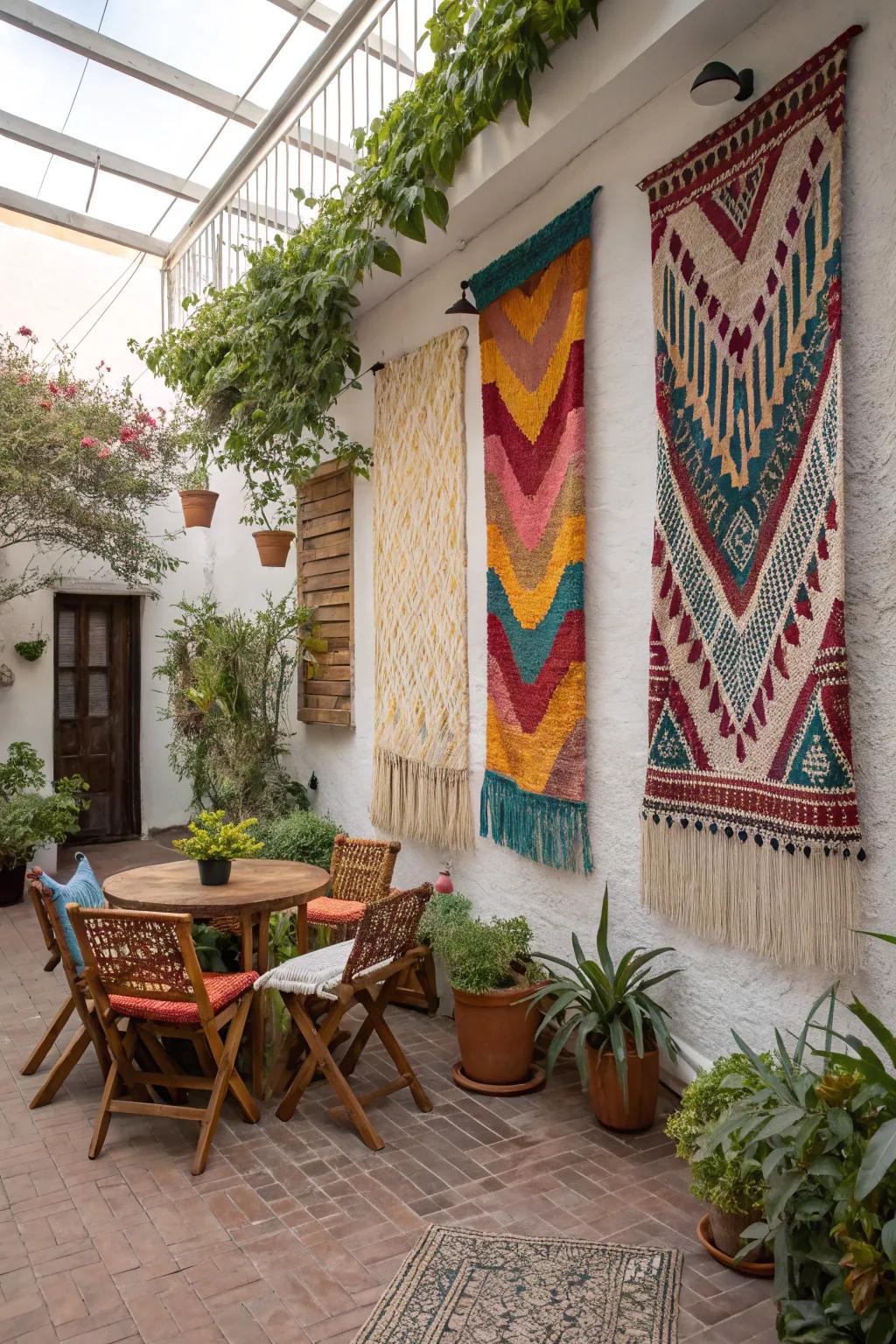 Bohemian tapestries enrich texture and color to the patio wall.