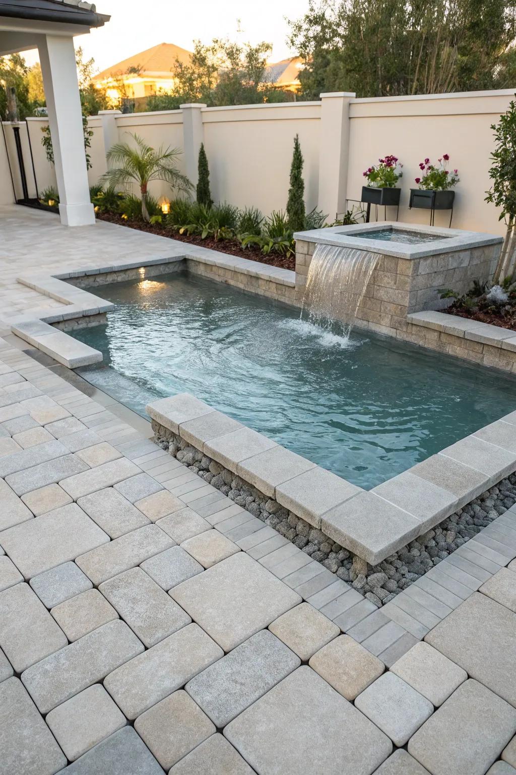 A cascade element enhances the pool area with a soothing and opulent touch.