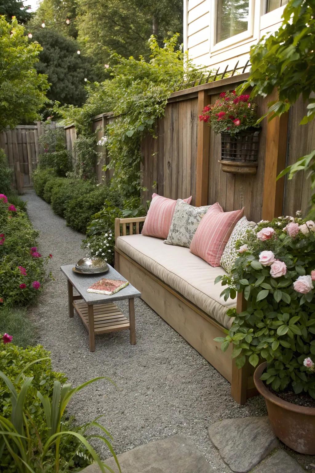 Unwind in elegance with a pea gravel seating alcove.