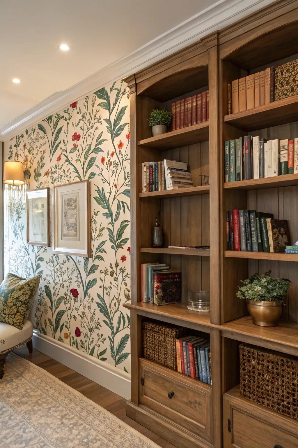 Emphasize your shelving with trendy wallpaper backdrops.