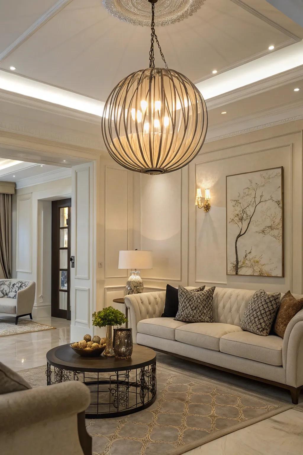 Artistic pendants function as both illumination and ornamental elements.