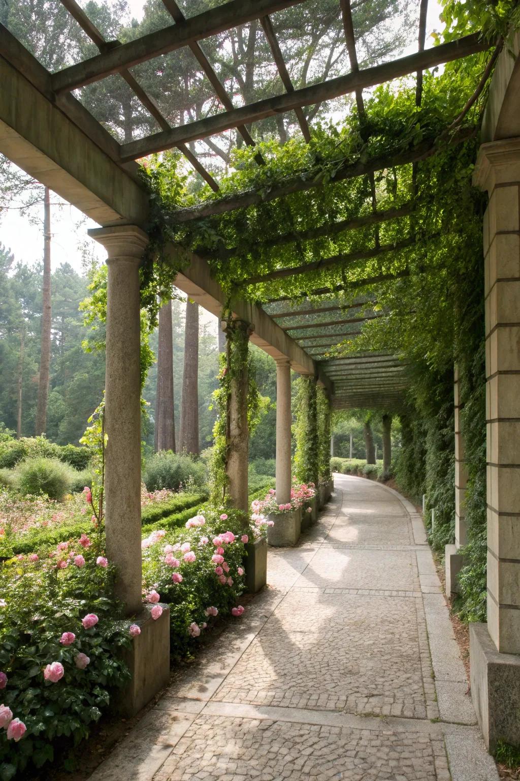 Sound-absorbing walls engender a tranquil and reposeful outdoor expanse.