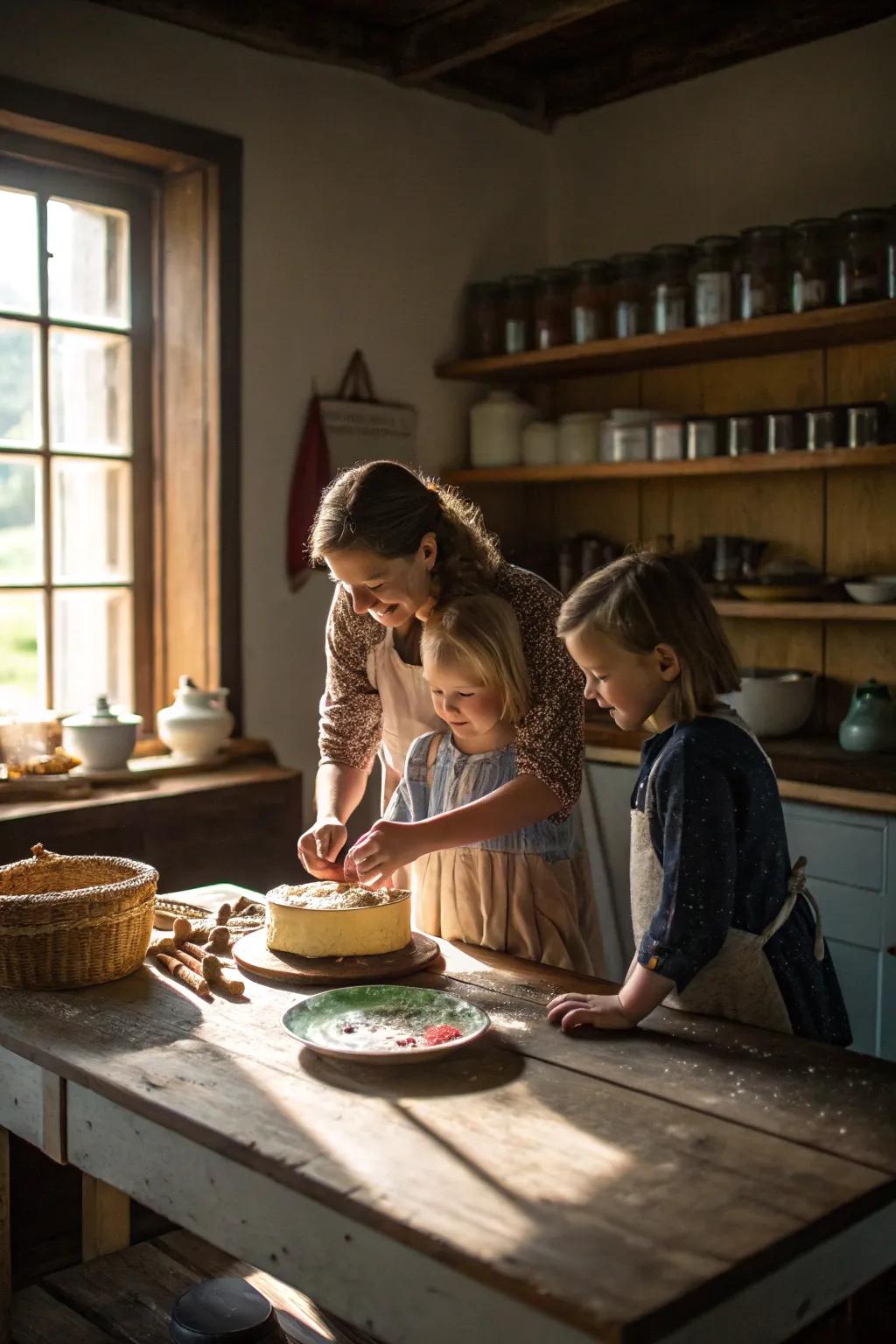 A family delighting in baking together in a homespun cookhouse.