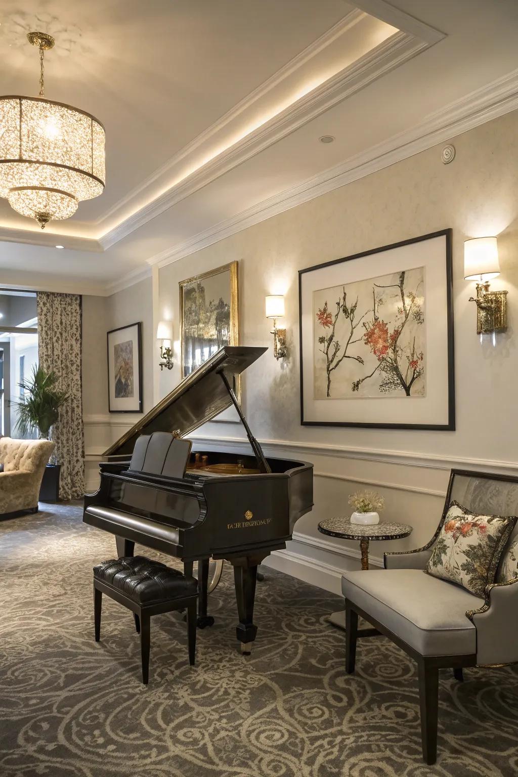 Wall art introduces character and transforms the piano room into a gallery.