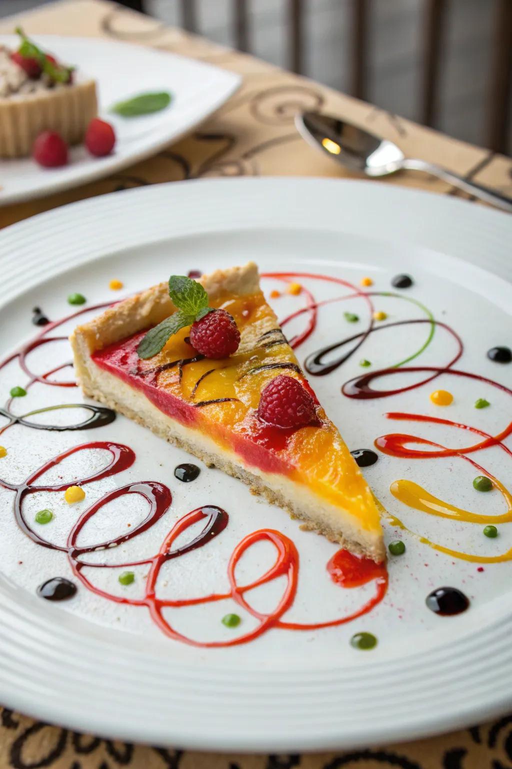 A pie slice enhanced by artistic liqueur designs.