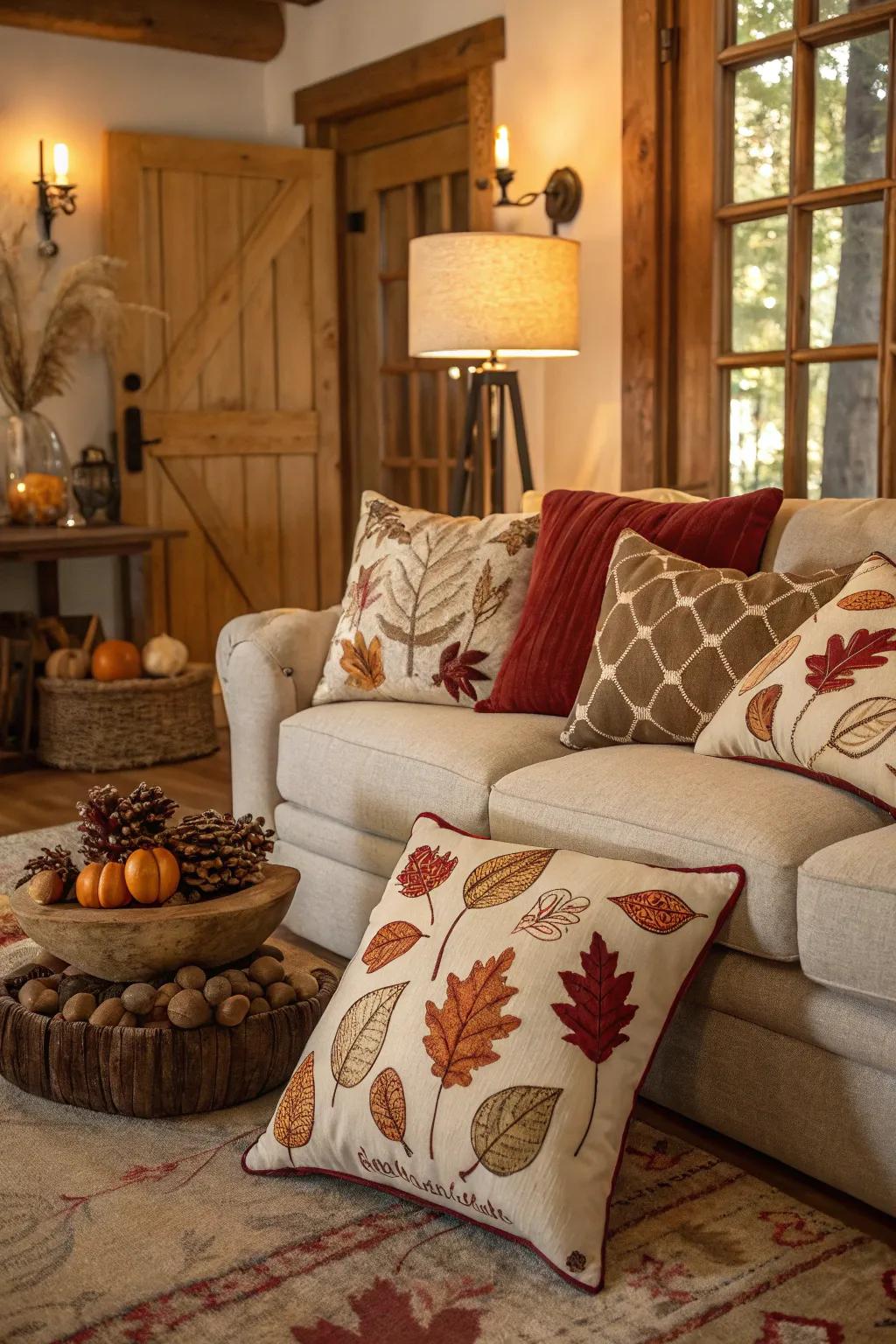 Seasonal pillows in autumnal hues creating a warm atmosphere.