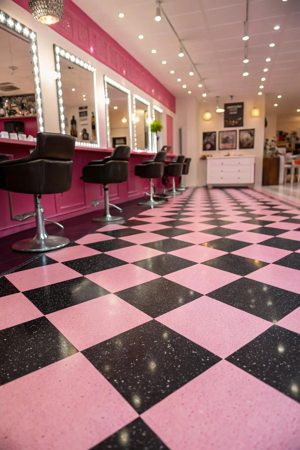 Checkered ground covering introduces a distinctive flair to salon design.