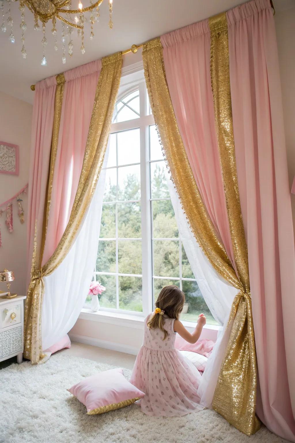 Drapes in gold and pink elegantly adorn the windows.