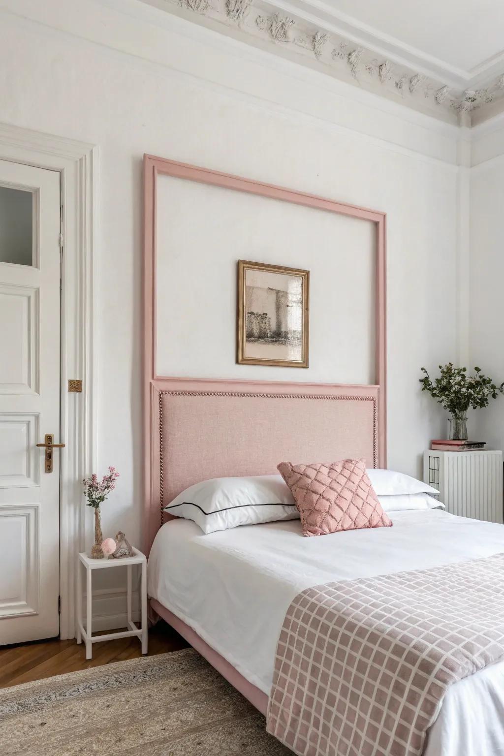 A minimalist space showcasing a simple pink frame headboard.