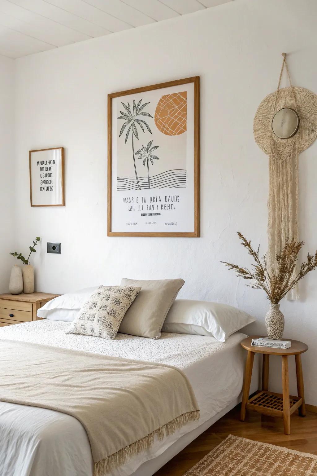 An essentialist design print fostering a calming influence within a peaceful bedroom.