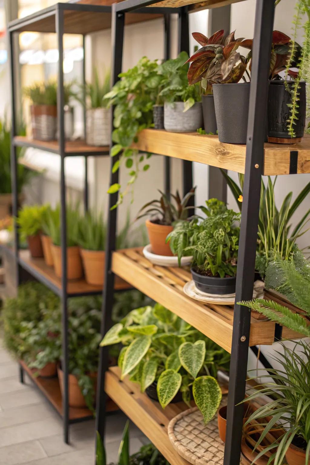 Inventive utilization of mixed materials for an impressive plant display.