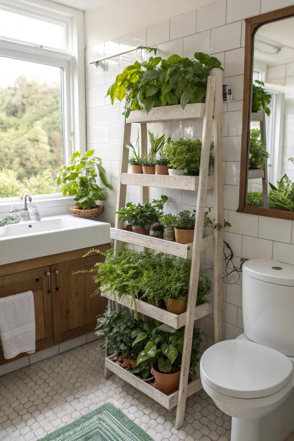 Spa-like serenity with lavatory plant shelves.