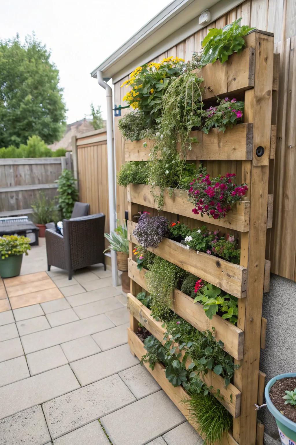 Construct a living tapestry using upright timber palettes.