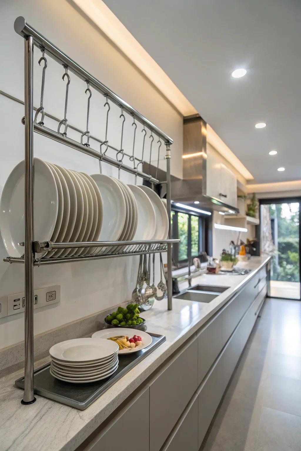 A modern kitchen showcasing a streamlined metal plate rail