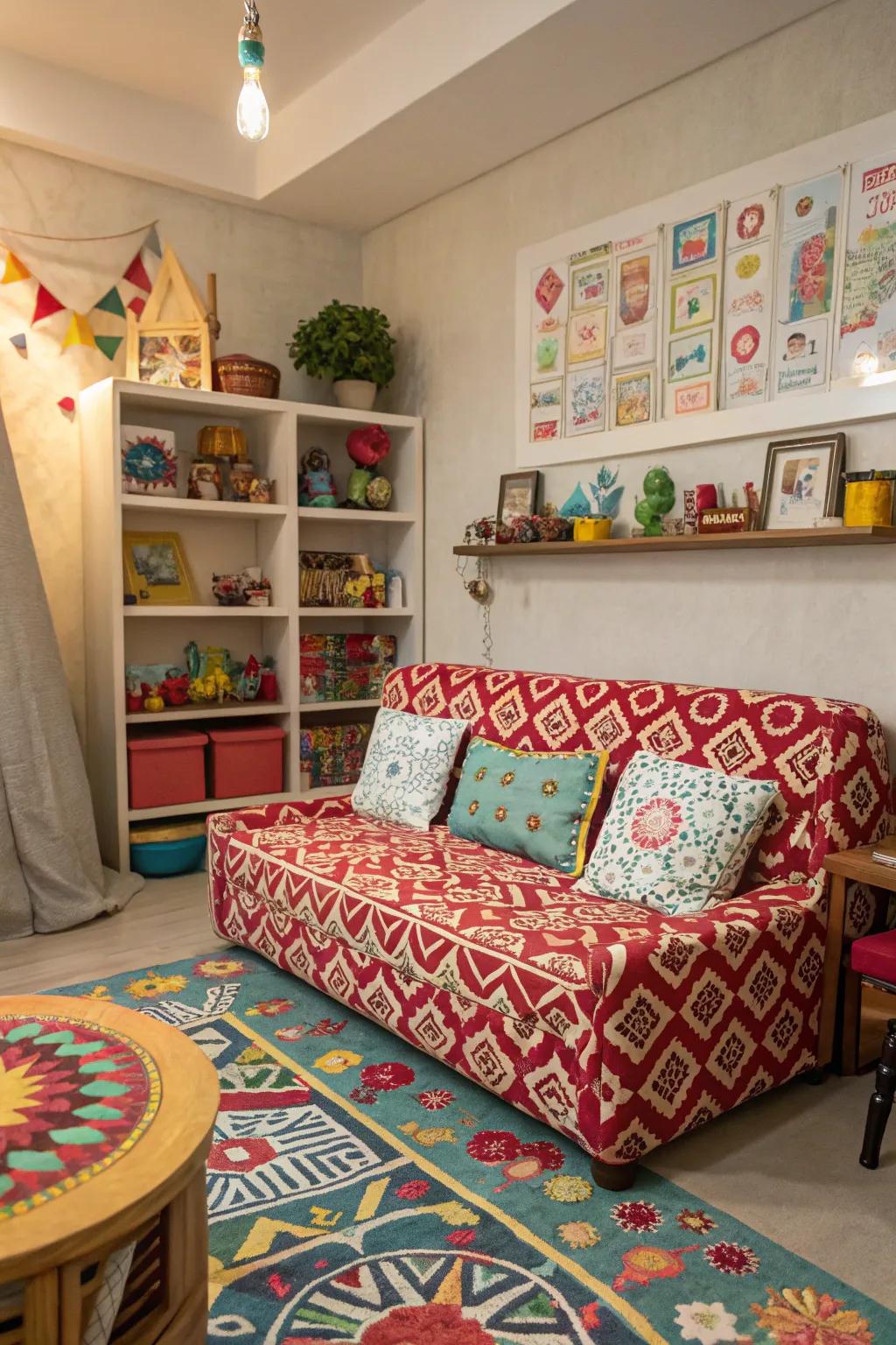 A stylish playroom features seating showcasing striking patterned upholstery.
