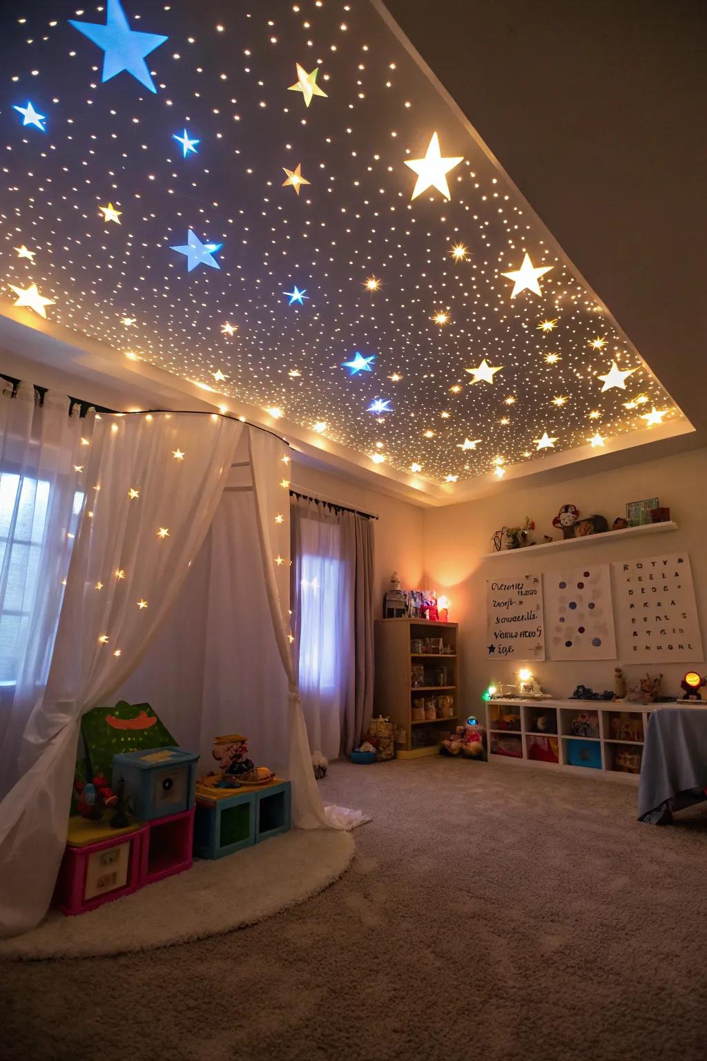 A starry night ceiling transforms the playroom into a dreamscape.