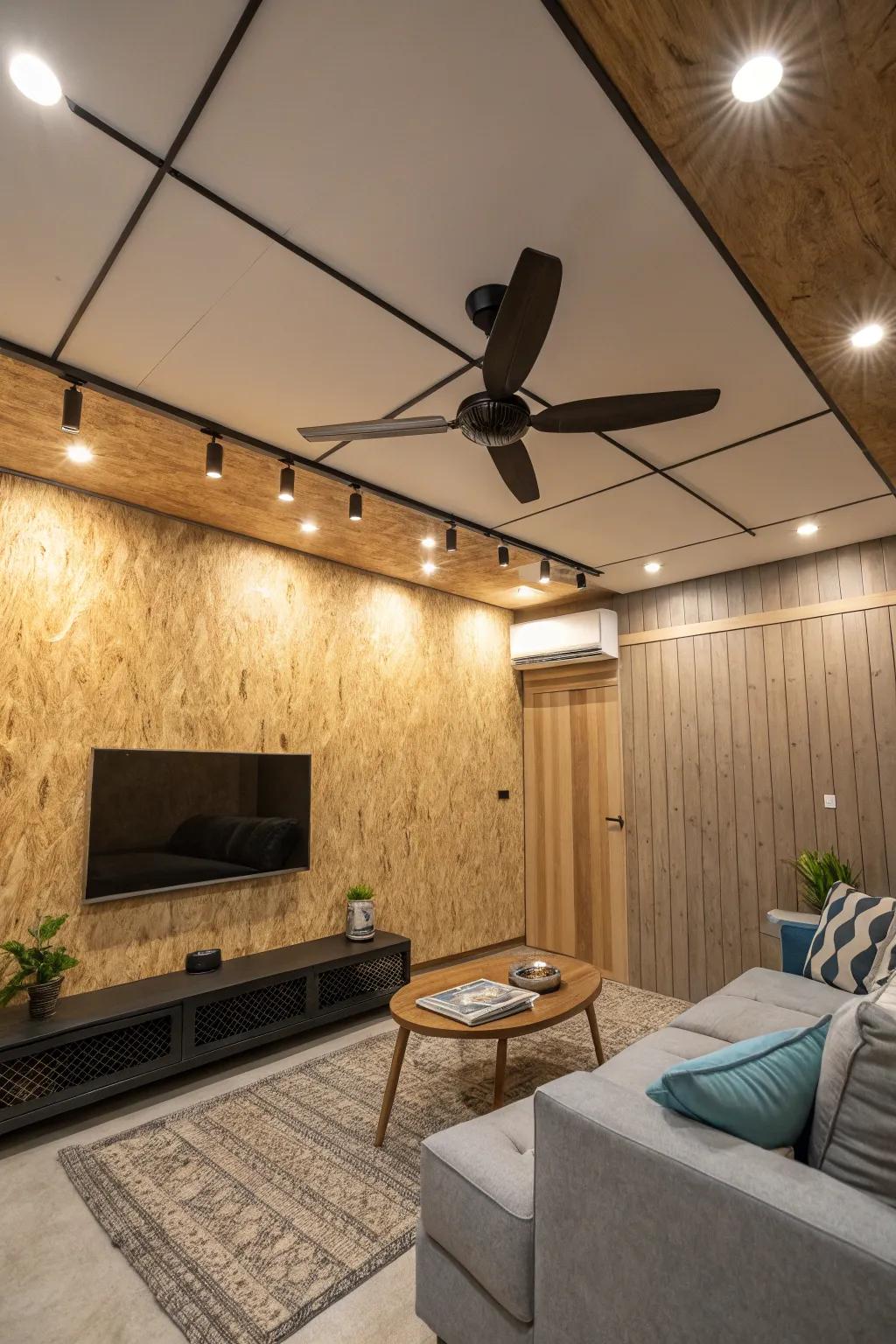 A modern roof where plywood and a fan are fluently merged.