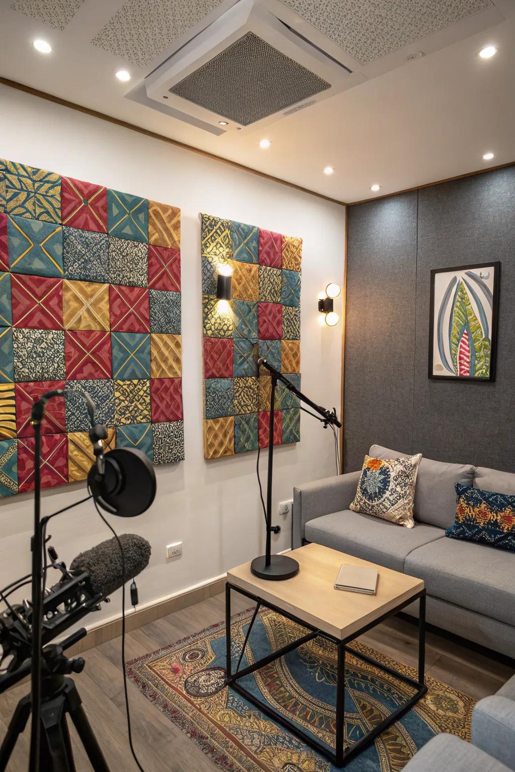 A podcast studio showcasing ornamental acoustic boards.