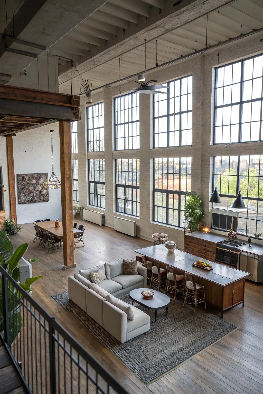 A versatile loft layout that adapts to various activities and gatherings.