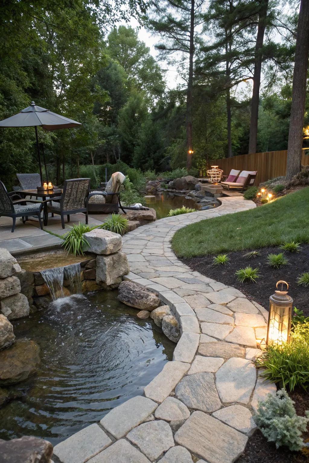 A pathway and resting spot encourage repose alongside your pond stream.
