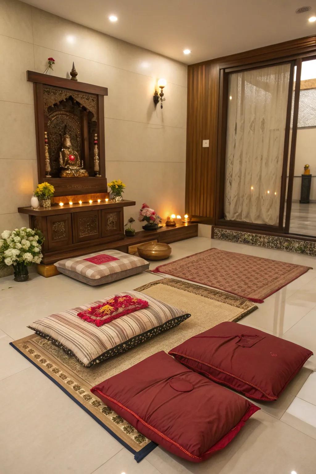 Comfortable floor seating enhances the inviting ambiance of this pooja room.