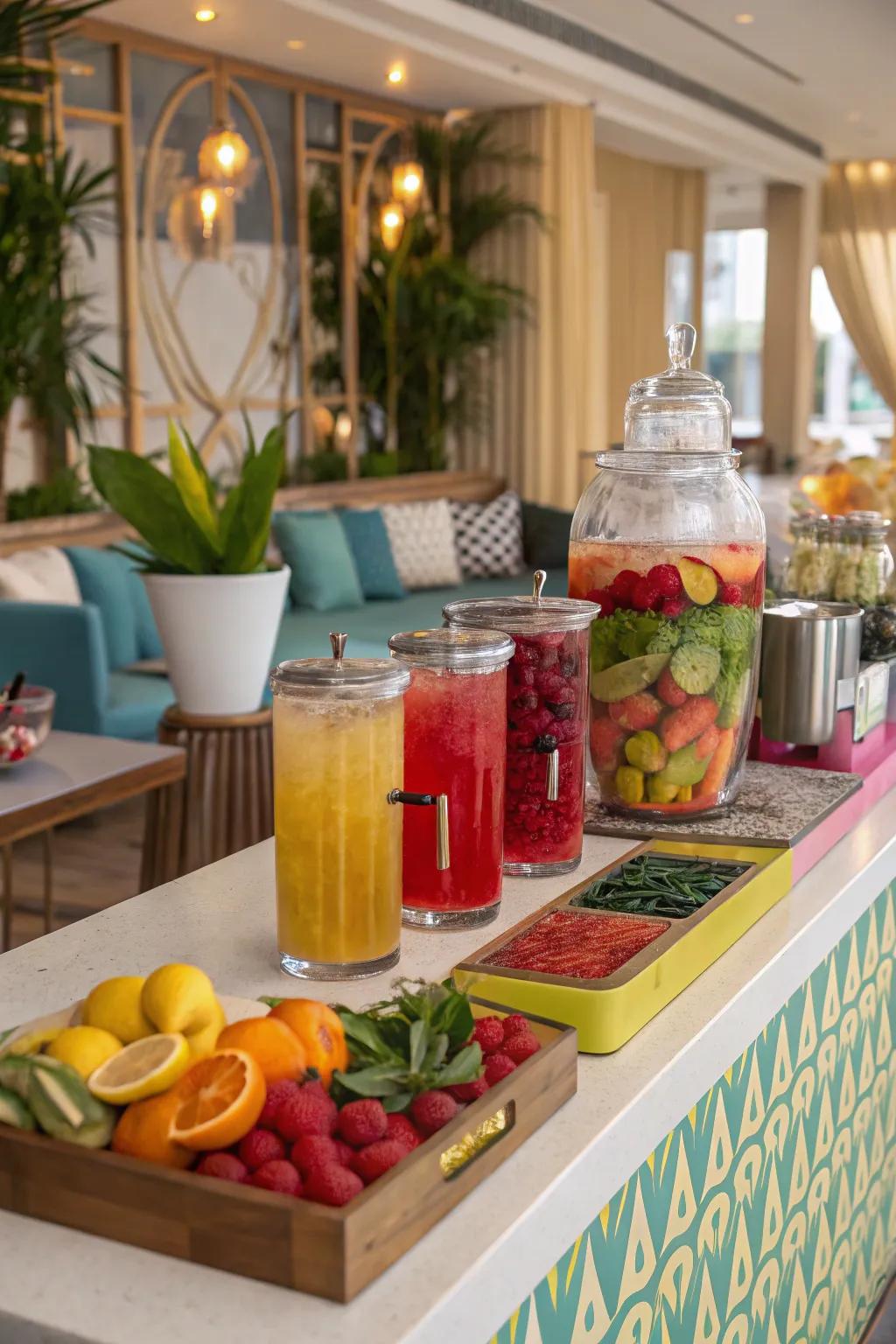 A refreshment station presenting aromatic waters and non-alcoholic cocktails for attendees.