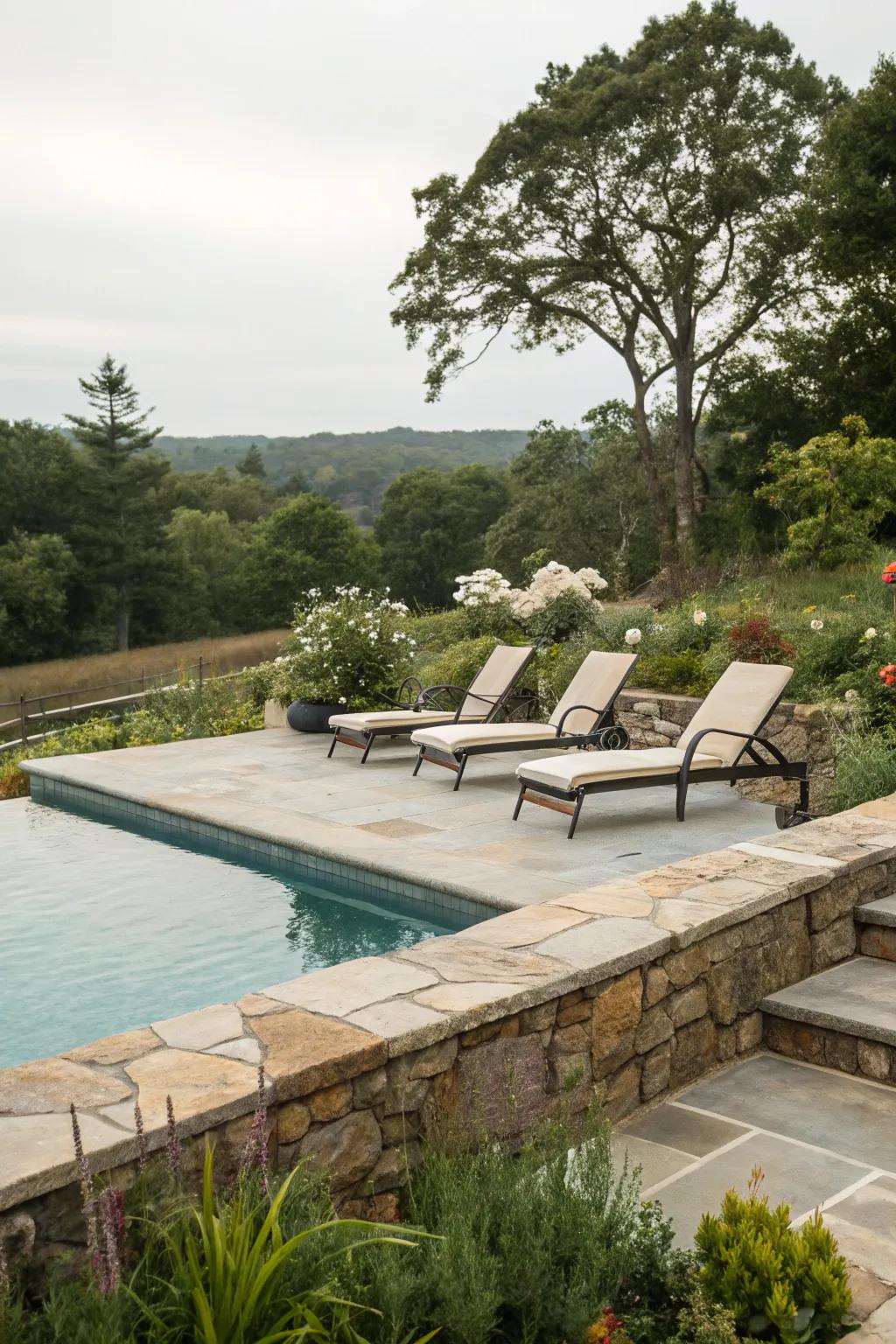 Natural stone edging adds timeless sophistication to your pool.