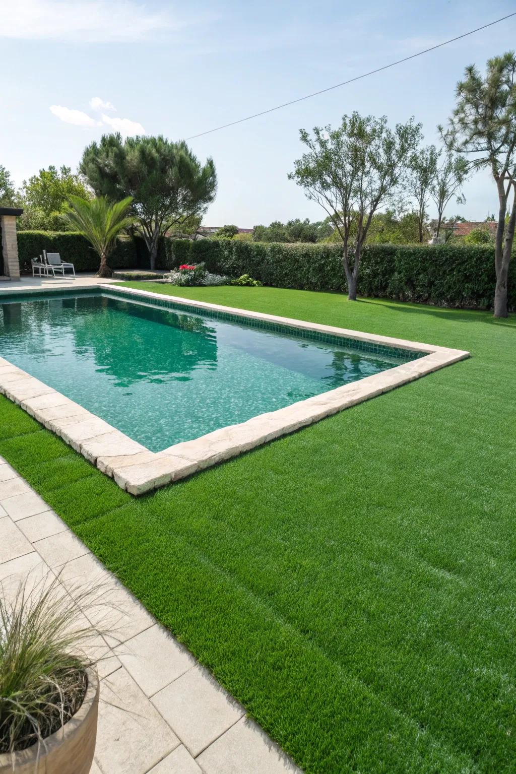 Artificial turf offers a maintenance-free green option for pool decks.