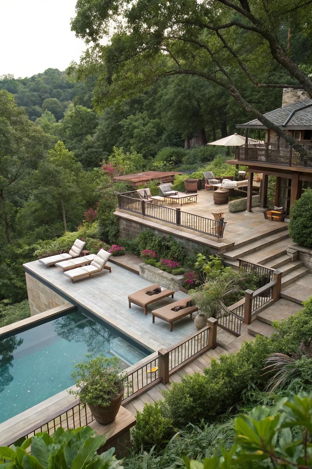 Enhance your pool space with a striking tiered layout.