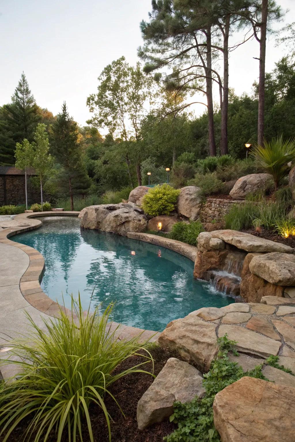 A stone-lined pool merging exquisitely with its environment.