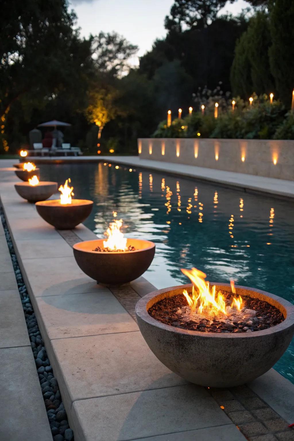 A pool equipped with flame bowls establishing a welcoming, tempting ambiance.