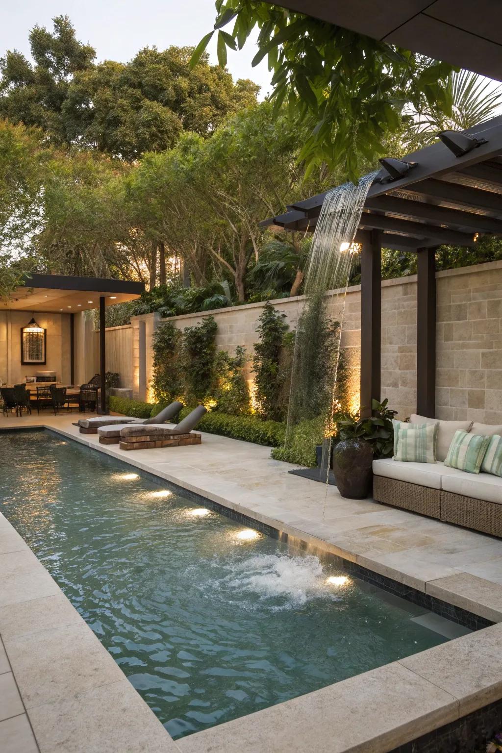 A water feature contributes auditory privacy and refinement.