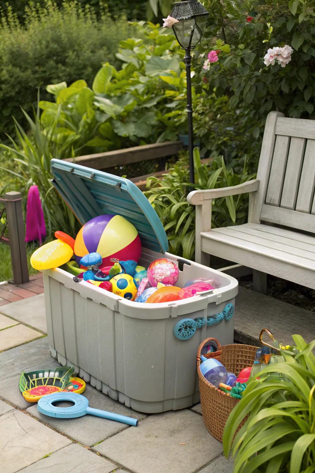 Toy bins ensure bulky pool items are neatly stowed.