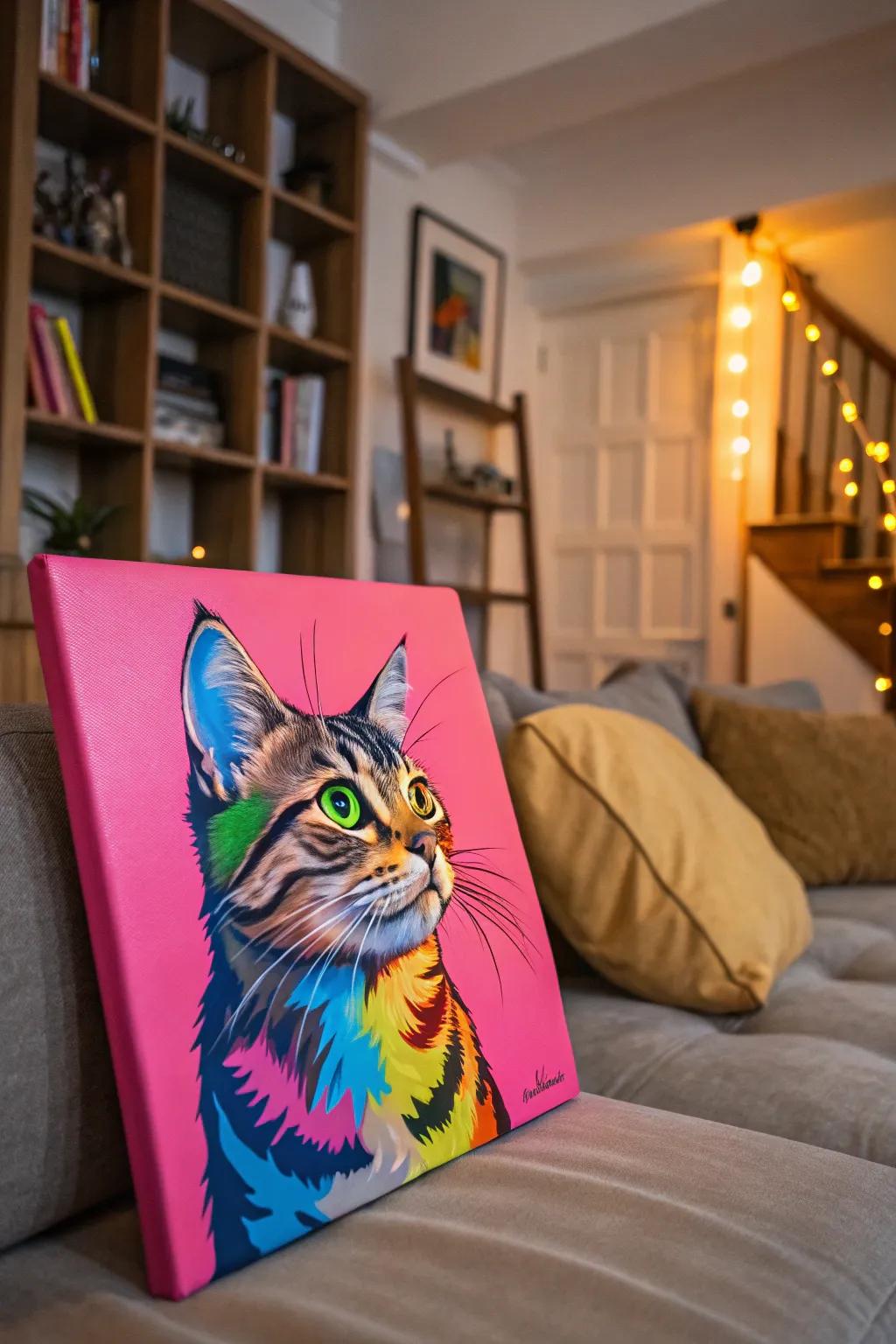 A playful artwork of a cat with a vibrant background.