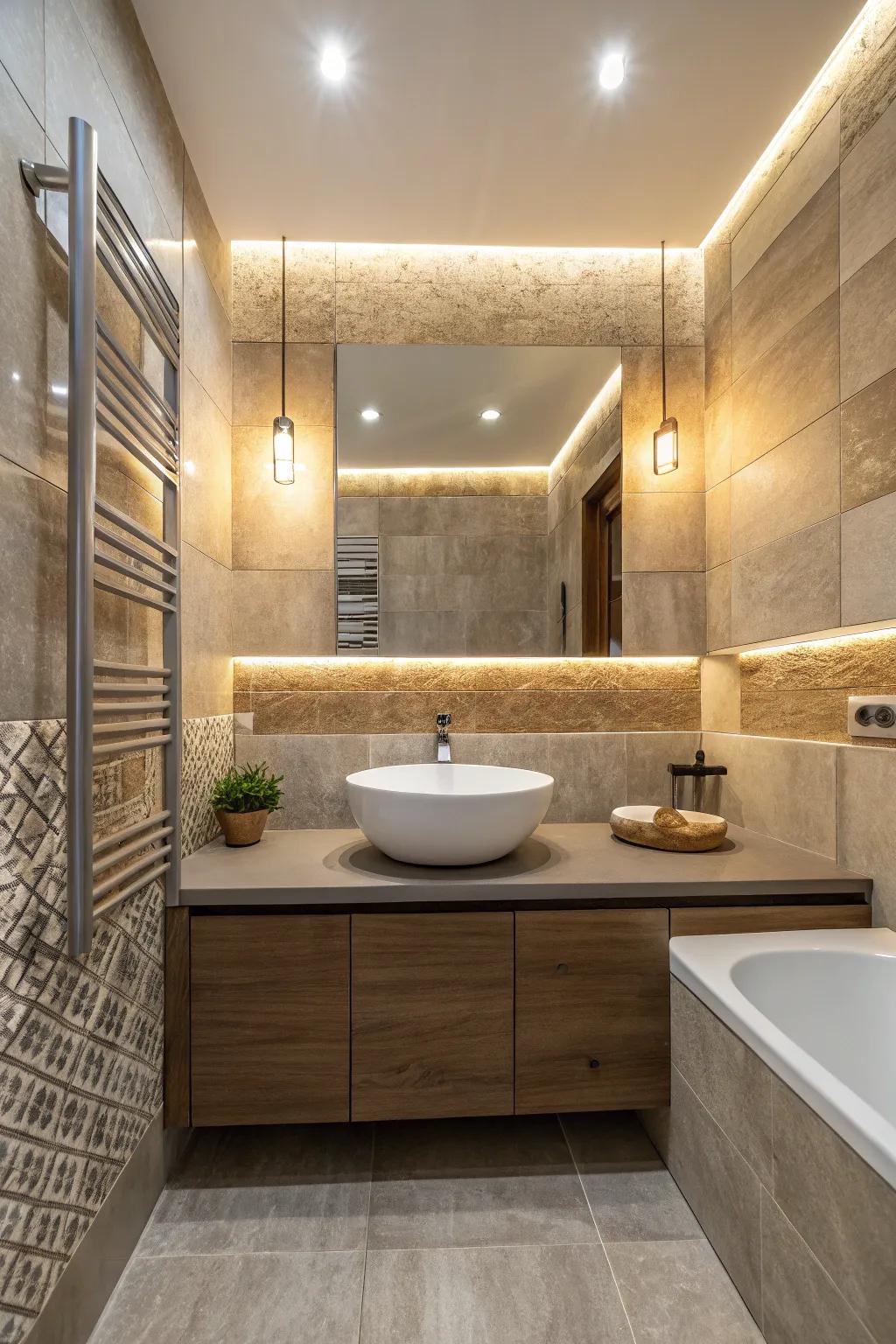 An interplay of surface qualities infuses profundity and sophistication into this contemporary washroom.