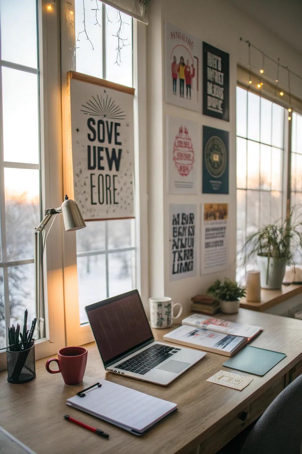 A productive home office decorated with inspirational quote posters.