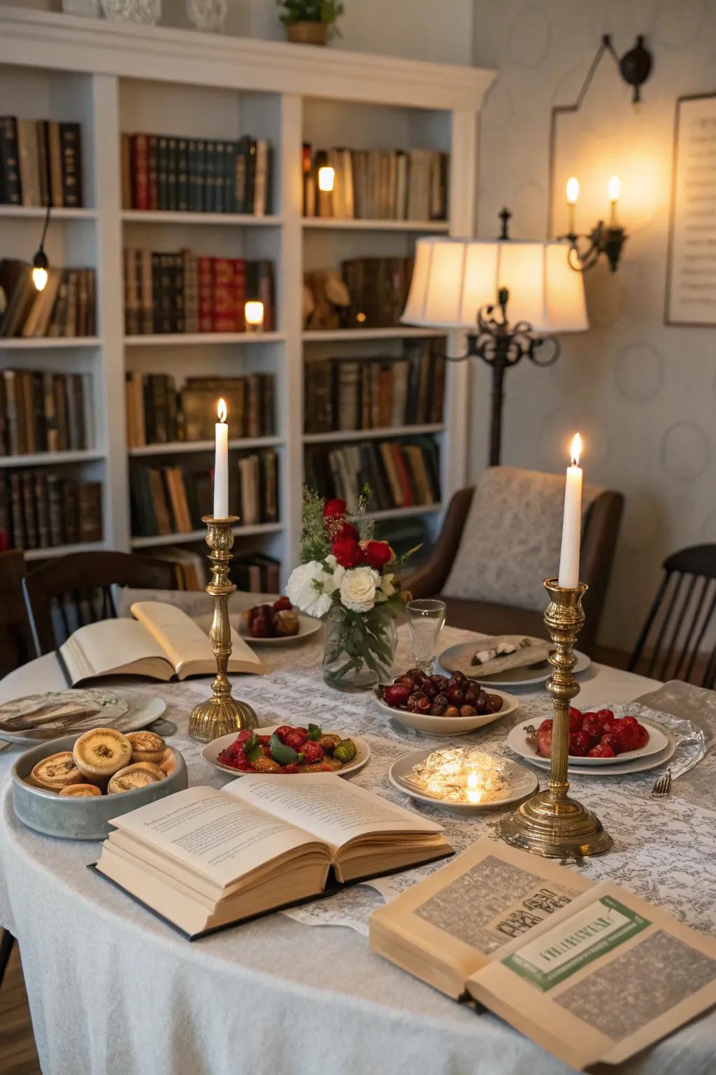 A dining setting inspired by classic literature, including themed decor and books alongside complementing dishes.