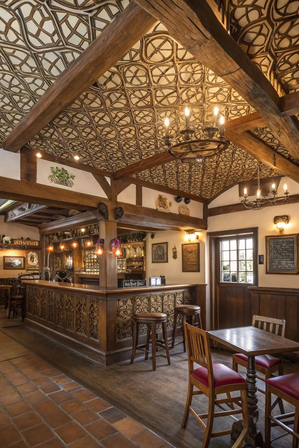 A decorative ceiling introduces architectural interest and charm.